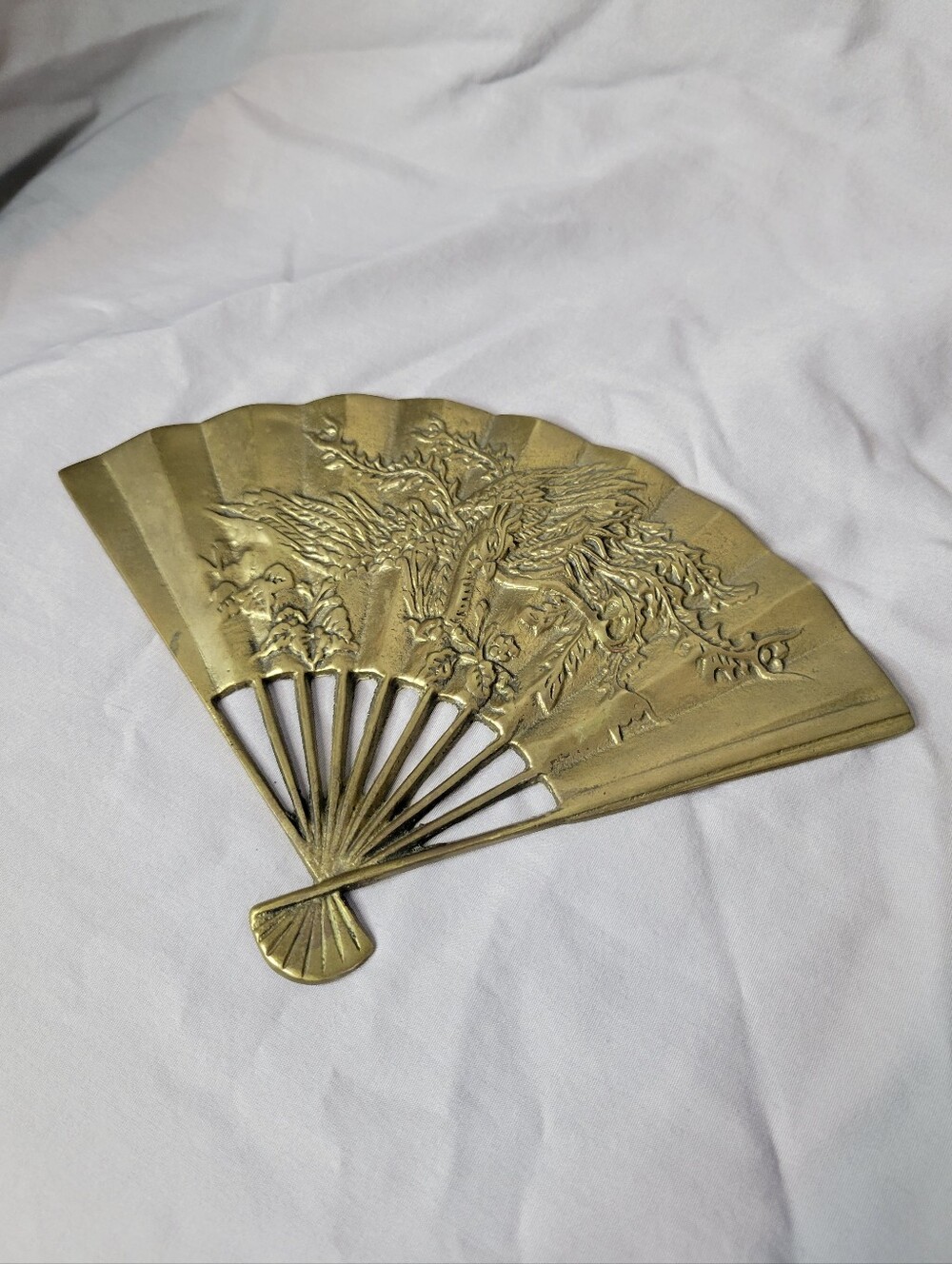 Vintage Solid Brass Oriental Decorative Fan Featuring A Pheonix, Wall Accent